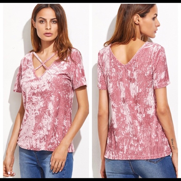 Boutique Tops - Dusted Pink Crushed Velvet Criss Cross V-Neck Top